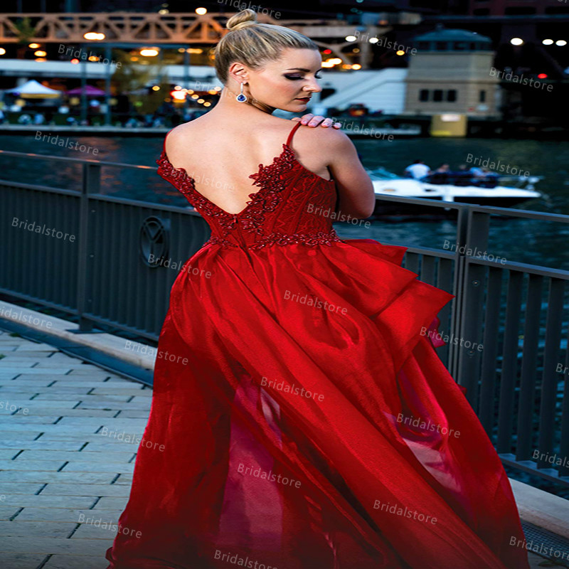 Sexy Red Jumpsuit Evening Dresses 2021 With Overskirt Train Beaded Spaghetti Straps Prom Dress Backless Summer Formal Graduation Dress Cheap