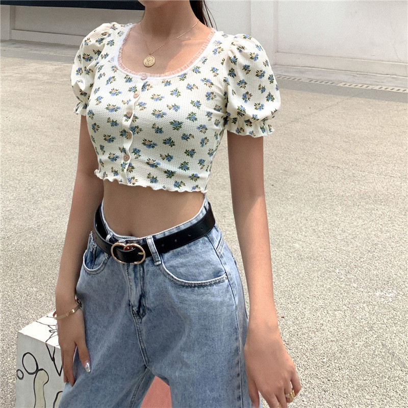 Summer New Women's Fashion Floral Print Bubble Sleeve Lace Cardigan T-shirt Sweet Vintage Style Crop Top Buttons Streetwear C0304