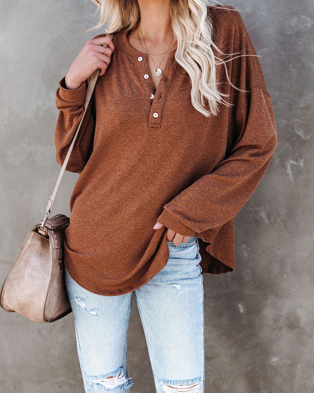 T-Shirt 2021 European and American spring solid color long-sleeved round neck pullover button top