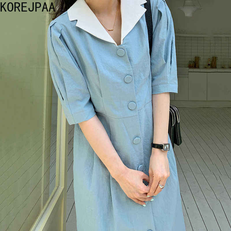Korejpaa Women Dress Summer Gentle Temperament Lapel Detachable Contrast Color Single-Breasted Pleated Puff Sleeve Vestidos 210526, Blue
Korejpaa Women Dress Summer Gentle Temperament Lapel Detachable Contrast Color Single-Breasted Pleated Puff Sleeve Vestidos 210526, Blue