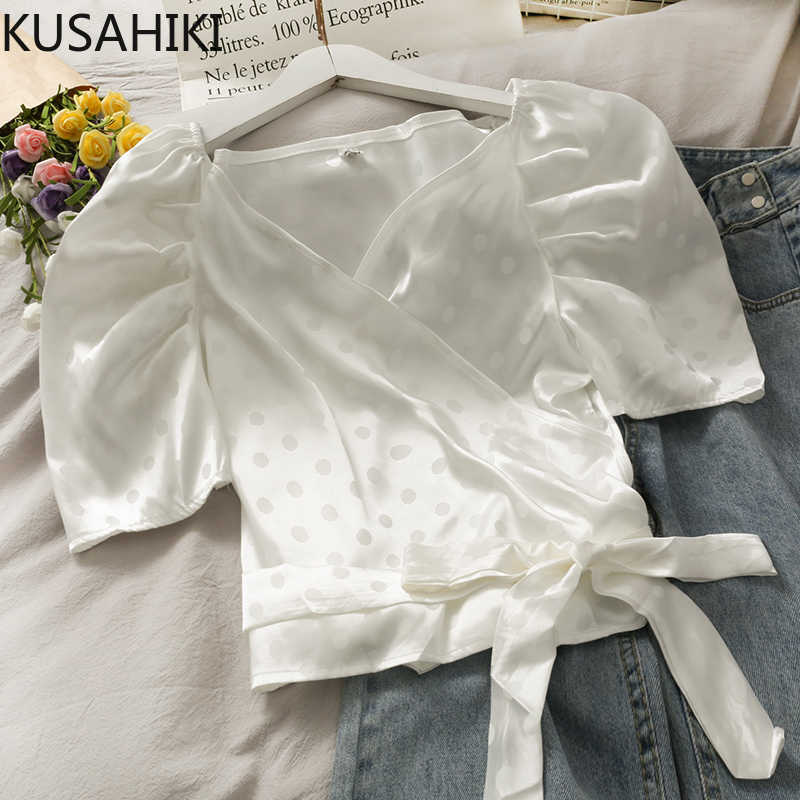 Bow Bandage Short Blouse Tops Korean Dot Puff Sleeve V-neck Shirt Spring Summer Blusas De Mujer 6F952 210603, White
Bow Bandage Short Blouse Tops Korean Dot Puff Sleeve V-neck Shirt Spring Summer Blusas De Mujer 6F952 210603, White