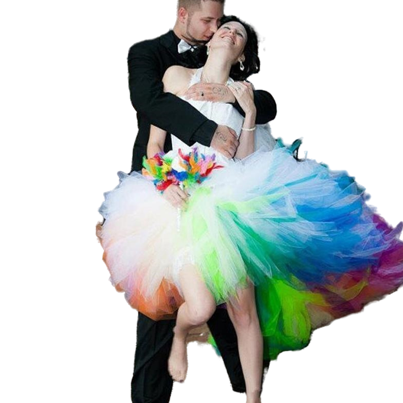 Puffy A-Line Rainbow Wedding Dresses Colorful Tulle Bridal Gowns Halter Backless High Low Halter Boho Beach Bride Dress Back Lace-up Plus Size Corset 