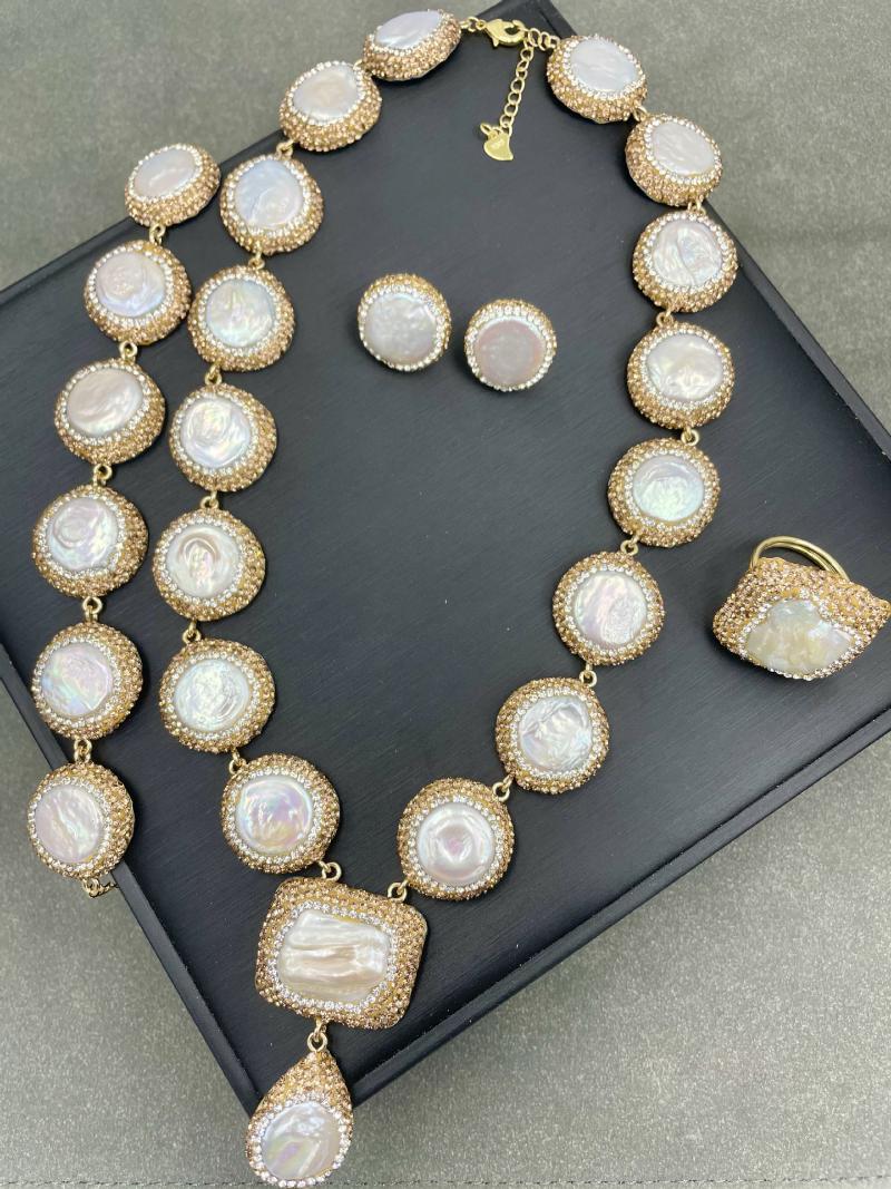 Earrings & Necklace Natural Cultured Baroque Coin Pearl Gold Color Plated CZ Bracelet Ring Sets For Women, Silver
Earrings & Necklace Natural Cultured Baroque Coin Pearl Gold Color Plated CZ Bracelet Ring Sets For Women, Silver