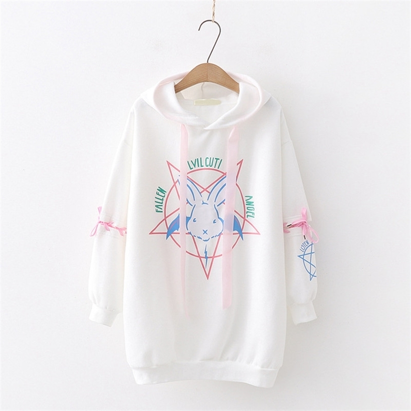 Harajuku Hoodies Autumn Women Print Lace Up Gothic Punk Oversize Tops Long Sleeve Hooded Sweatshirt Pullover Streetwear 201212