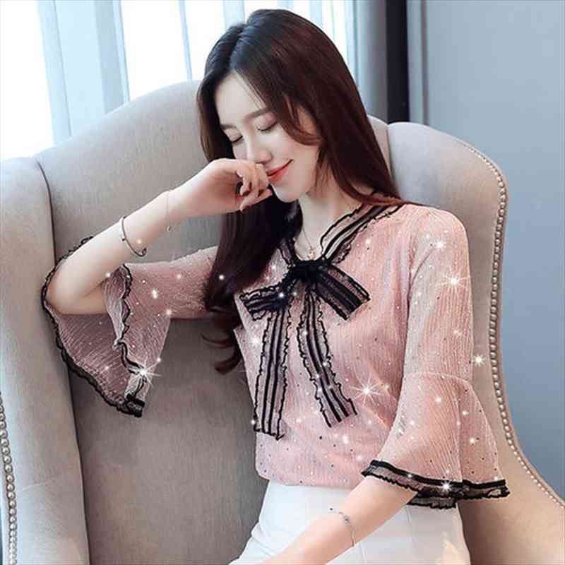 women spring summer style chiffon lace blouses lady casual short flare sleeve bow tie collar blusas df2962, White
women spring summer style chiffon lace blouses lady casual short flare sleeve bow tie collar blusas df2962, White
