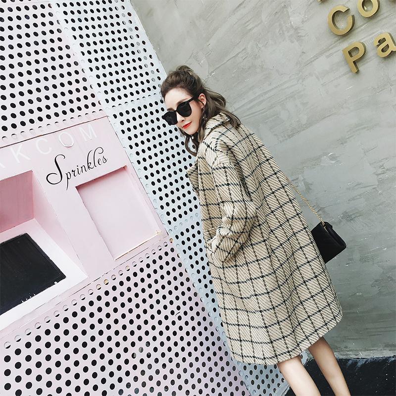 Women Blend Coat Loose Double Breasted Notch Collar Plaid Khaki Houndtooth Pocket Button