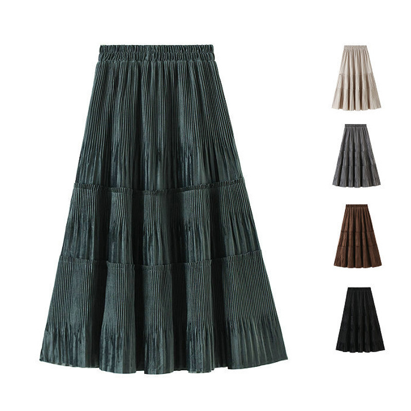 Female Vintage Long Velvet Pleated Skirt Women For Spring Summer Korean Fashion Ladies High Waist Black Green Maxi Skirt Femme 210306