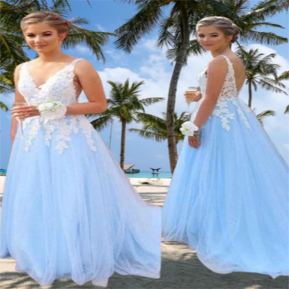 Light Blue A Line Prom Dress Lace Applique Long Evening Gown Graduation Party Formal Dresses
