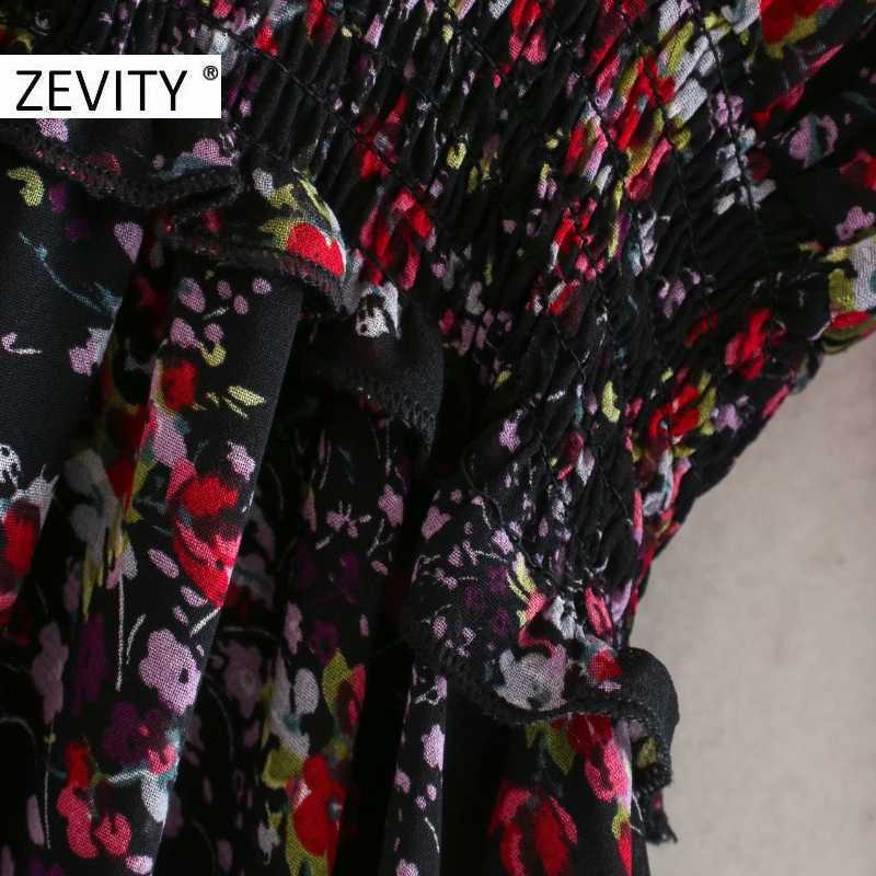 Zevity Women Elegant V Neck Flower Print Elastic Waist Chiffon Dress Chic Female Long Sleeve Casual Slim A Line Vestido DS4616 210603