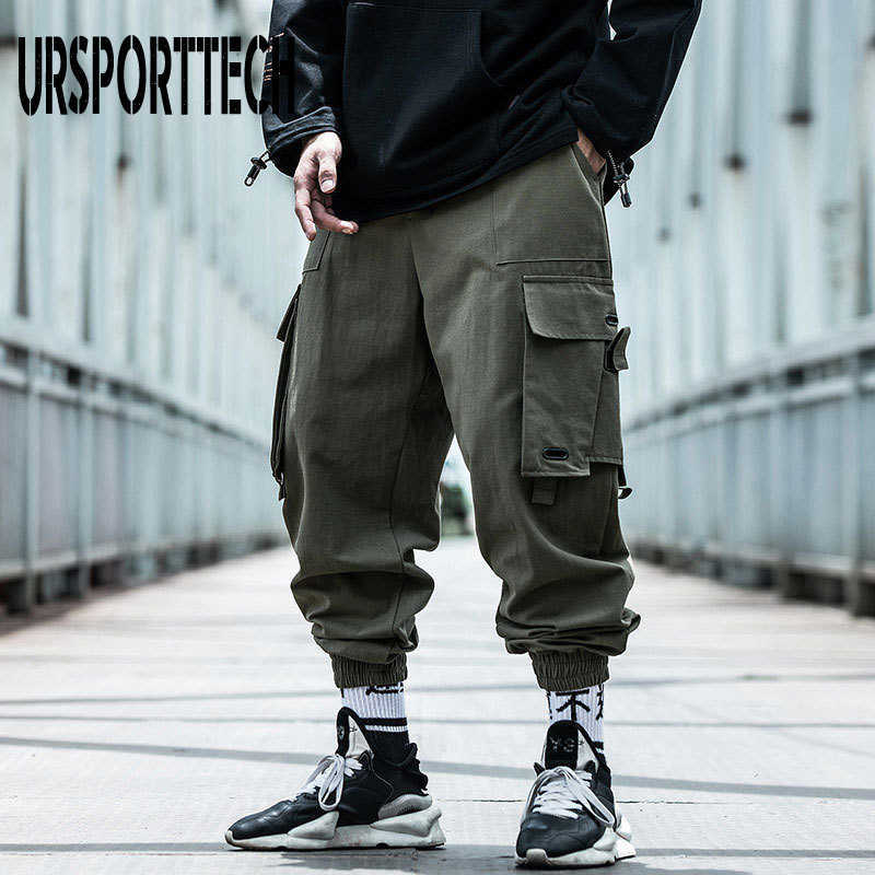 URSPORTTECH Black Cargo Pants Men Hip Hop Autumn Harem Pant Streetwear Harajuku Jogger Sweatpant Cotton Trousers Male Pants 210810