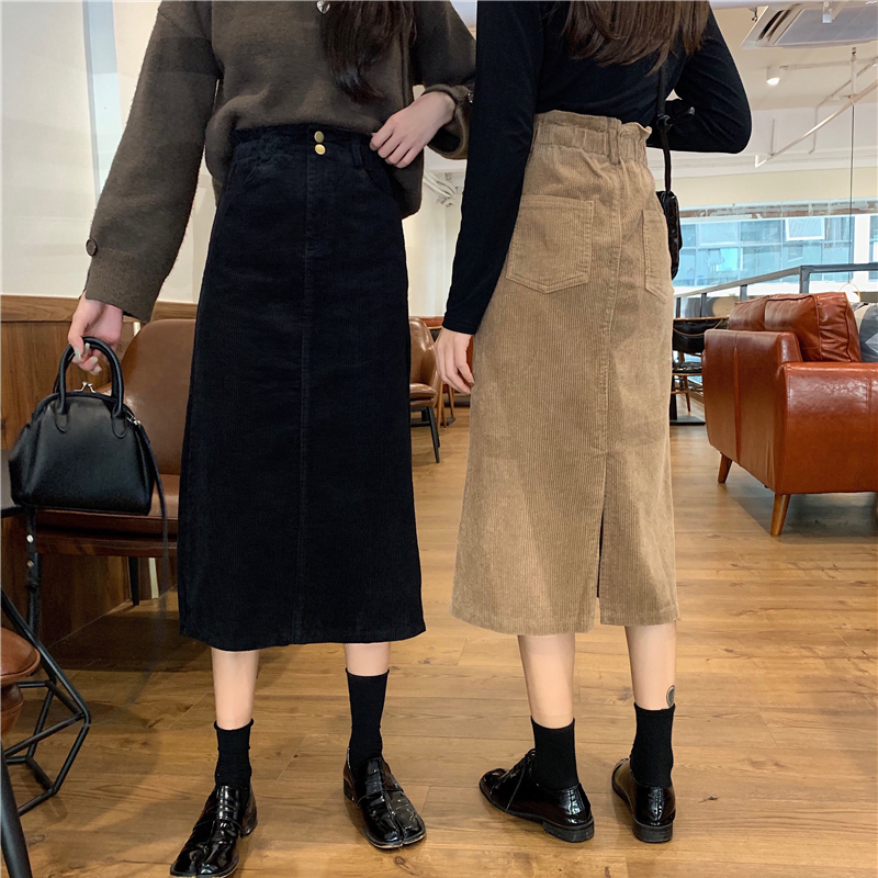 High Waist Midi Corduroy Side Slit Skirt Women A-line Loose Streetwear Skirts Female Pockets Denim Skirts Autumn Winter 210306
