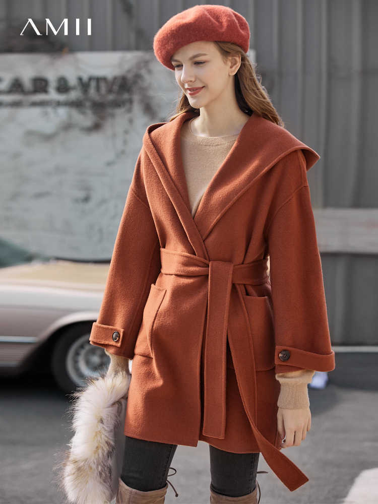 Amie French sheep hair double-sided coat winter with belted hooded all-wool Double Woolen Coat 11940580 210527