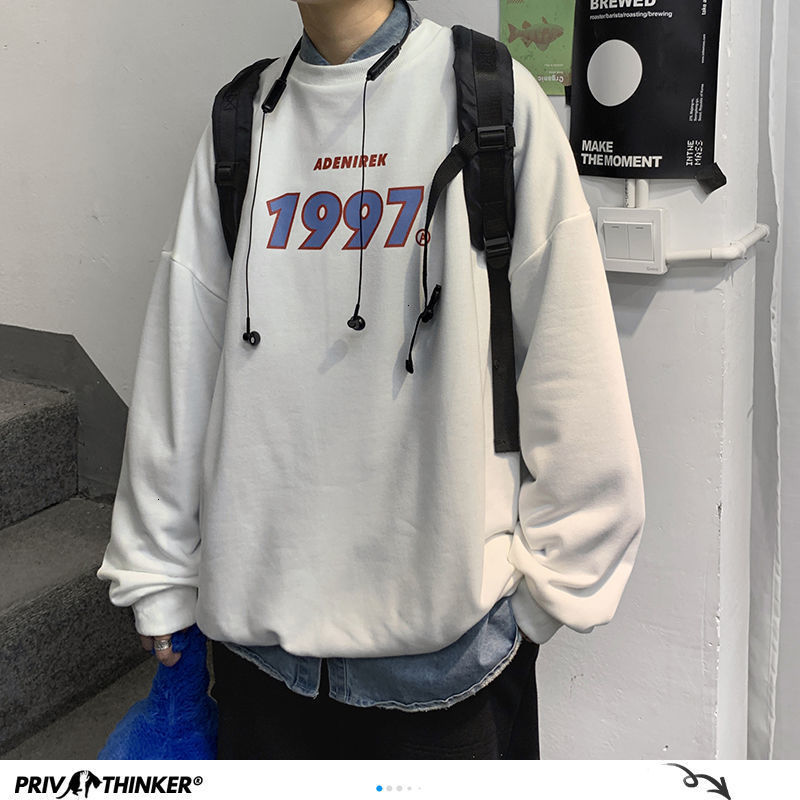 Privathinker Autumn Men Casual Sweatshirts Harajuku 1997 Printed Men Oversized Hoodies Korean Man Casual Loose Pullovers 201020