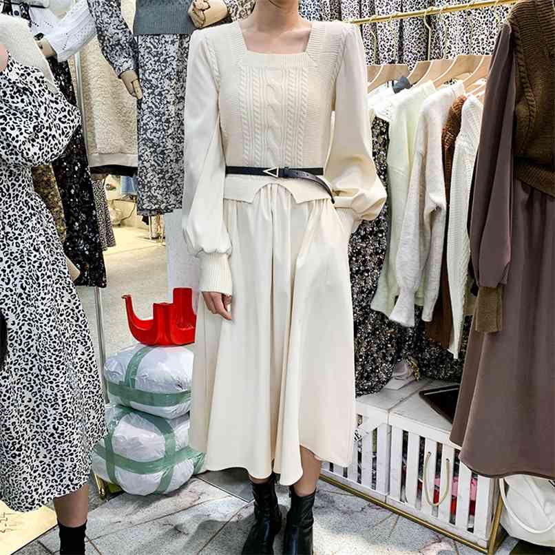 Autumn and winter Korean Temperament Office Lady Square collar Ruched Puff sleeve Knitted Stitching Sweater Dress With Belt 210602, Brown
Autumn and winter Korean Temperament Office Lady Square collar Ruched Puff sleeve Knitted Stitching Sweater Dress With Belt 210602, Brown