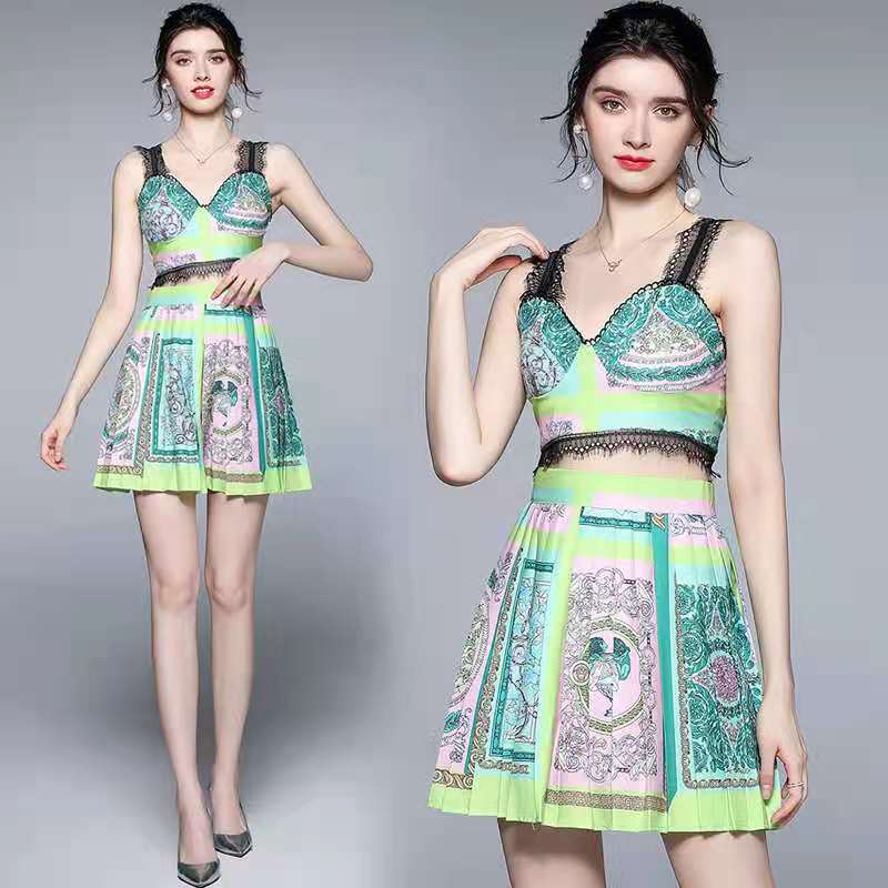 Summer elegant women two piece dresses floral printing sexy braces Pleated skirt fashion style, Green1
Summer elegant women two piece dresses floral printing sexy braces Pleated skirt fashion style, Green1