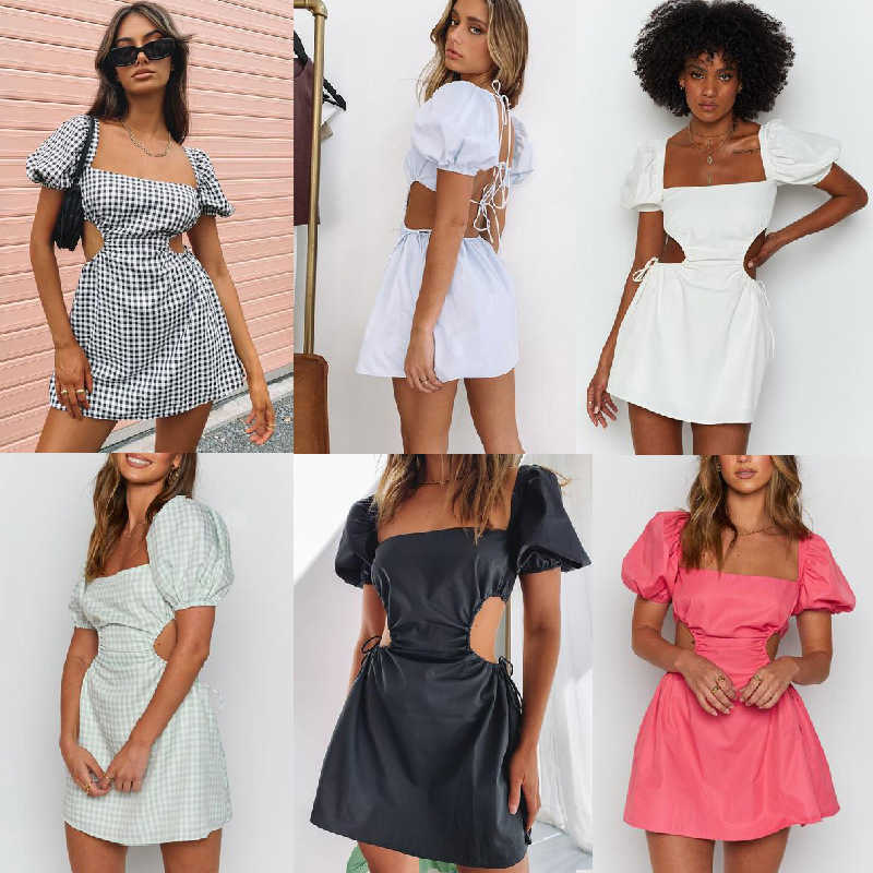 Sexy Backless Mini Dresses Women Summer Square Collar Lace Up Hollow Out Puff Sleeve High Waist A-Line Dress Femme Vestidos 210526