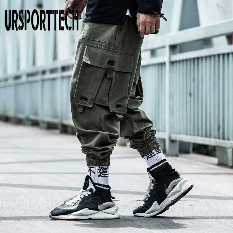 URSPORTTECH Black Cargo Pants Men Hip Hop Autumn Harem Pant Streetwear Harajuku Jogger Sweatpant Cotton Trousers Male Pants 210810