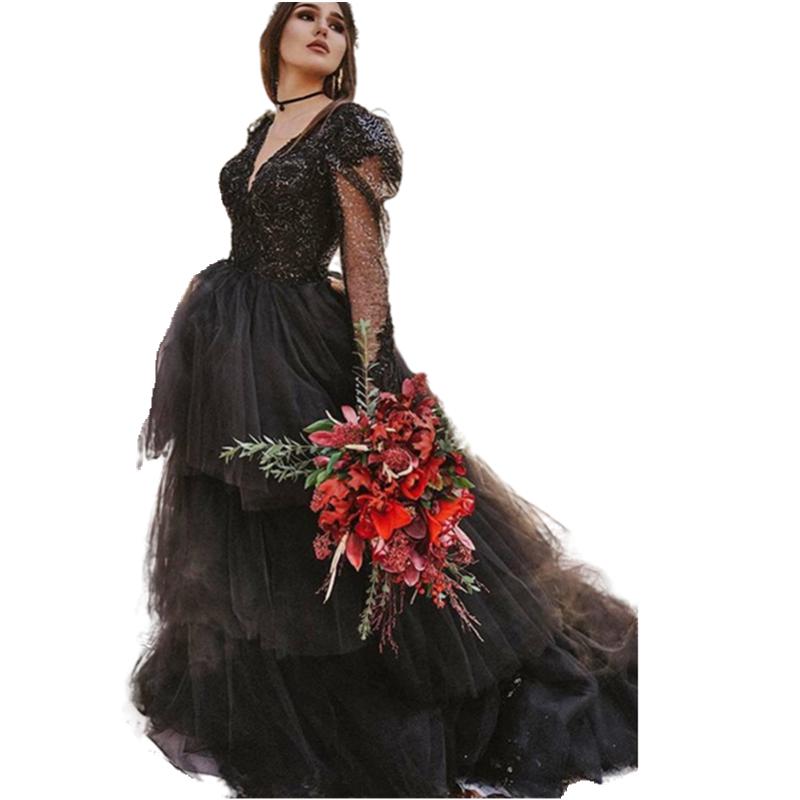 Gothic Black A Line Wedding Dress Tiered Tulle Skirt Long Sleeve V Neck Vintage Bridal Gowns Sequins Lace Appliques Bride Country Wedding Dresses 2022