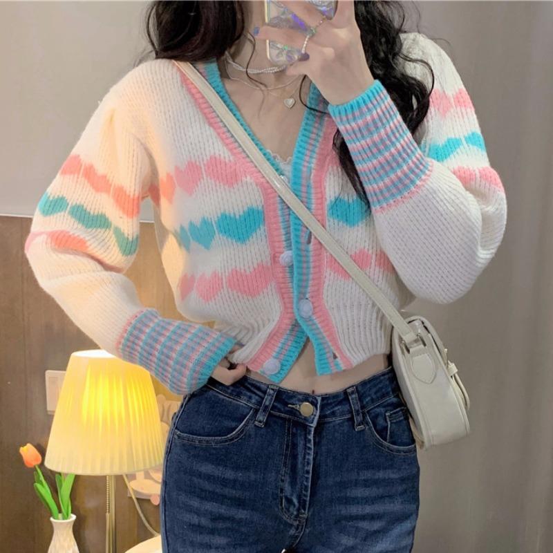 Women's Knits & Tees Sweet High Waist V Neck Love Heart Cardigan Crop Long Sleeve Striped Knitted Sweater Sueters De Mujer Autumn Jacket Pri, White
Women's Knits & Tees Sweet High Waist V Neck Love Heart Cardigan Crop Long Sleeve Striped Knitted Sweater Sueters De Mujer Autumn Jacket Pri, White