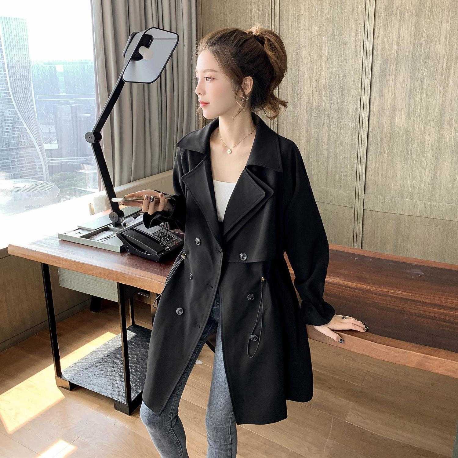 Women Trench Coats Autumn Casual Lapel Drawstring Double Breasted Mid Length Jacket Vintage Ladies Oversize Windbreaker 210526, Black 
Women Trench Coats Autumn Casual Lapel Drawstring Double Breasted Mid Length Jacket Vintage Ladies Oversize Windbreaker 210526, Black