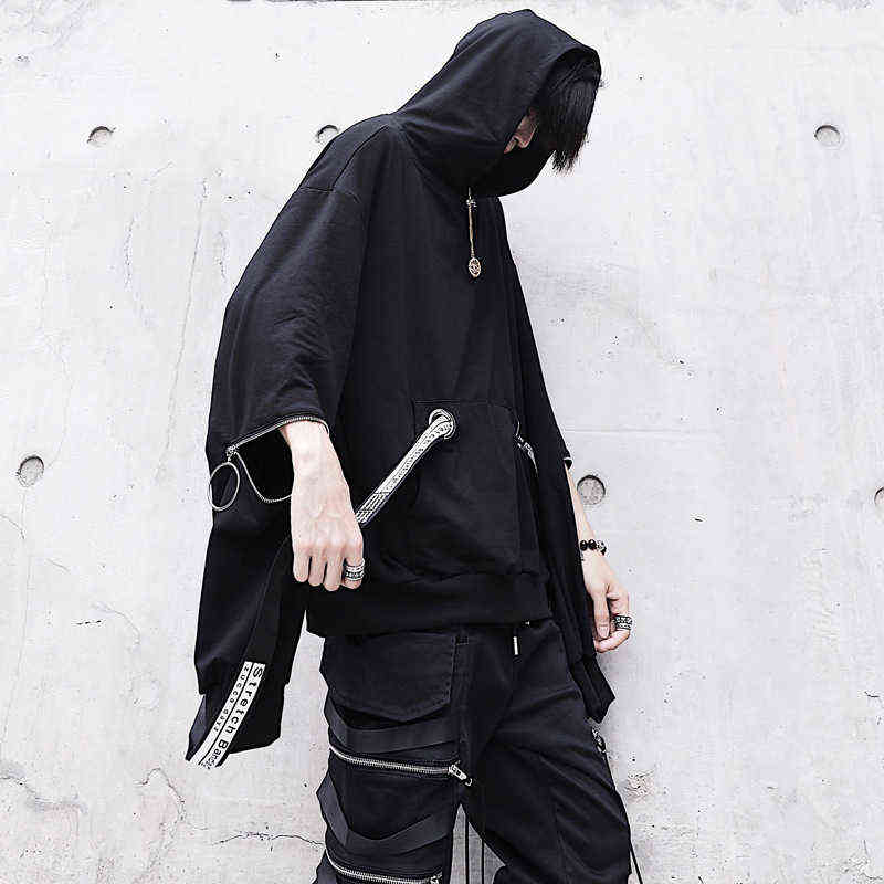 HOUZHOU Black Hoodie Goth Sweatshirt Hood Autumn Techwear Punk Gothic Darkwear Hoodie Sweatshirts Streetwear Hip Hop Harhjuku 211116