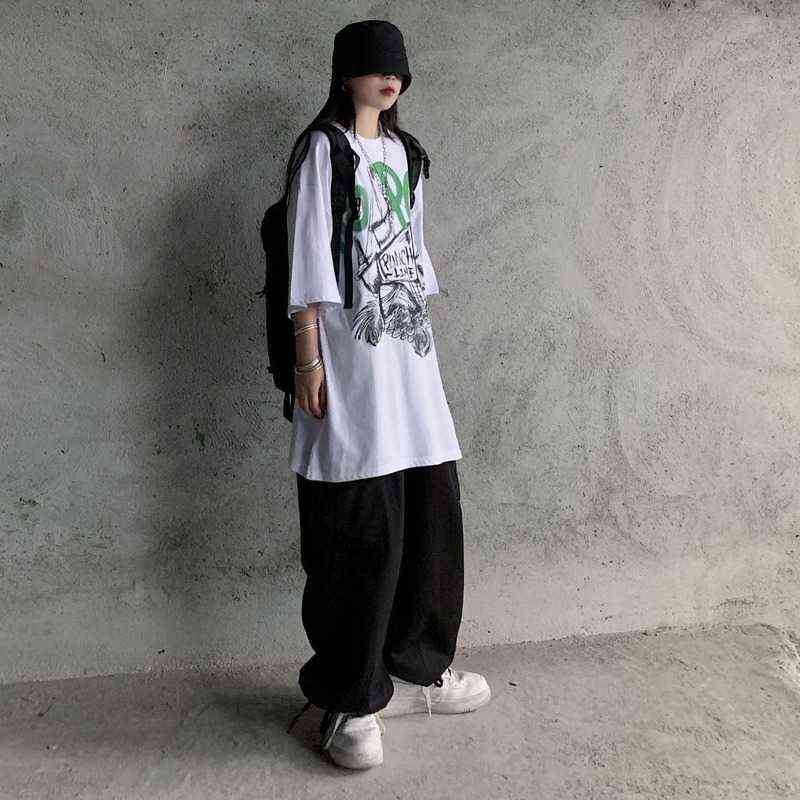 QWEEK Harajuku White Cargo Pants Women Vintage HIgh Waist Hip Hop Streetwear Pockets Straight Joker Black Trousers For Female 211115