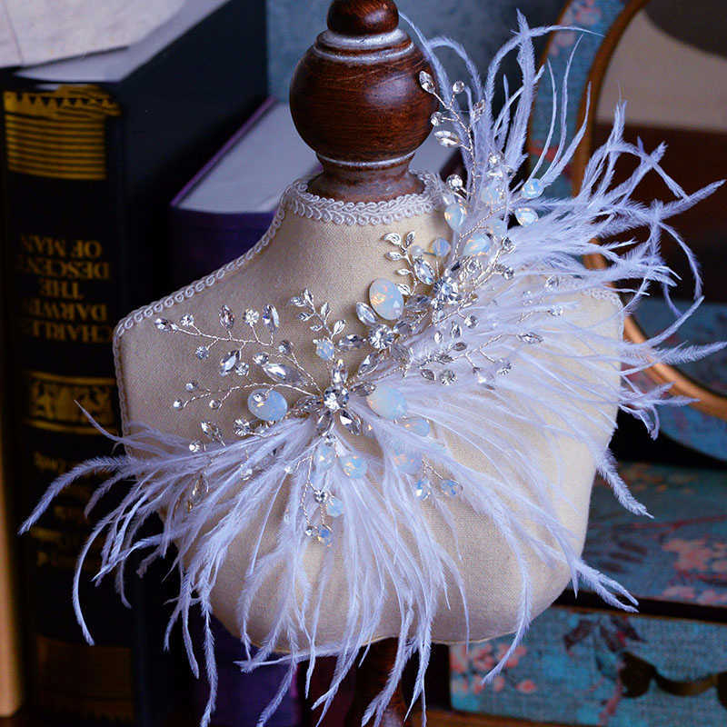 White Feather Headband Tiara Fashion Crystal Hair Clip Wedding Bridal Accessories Ornaments For Bride Party Headpiece 210707