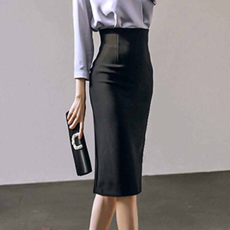 Elegant Ladies Office Pencil Skirt Autumn Black High Waist Knee Length Back Slit Women's Business Work 210603