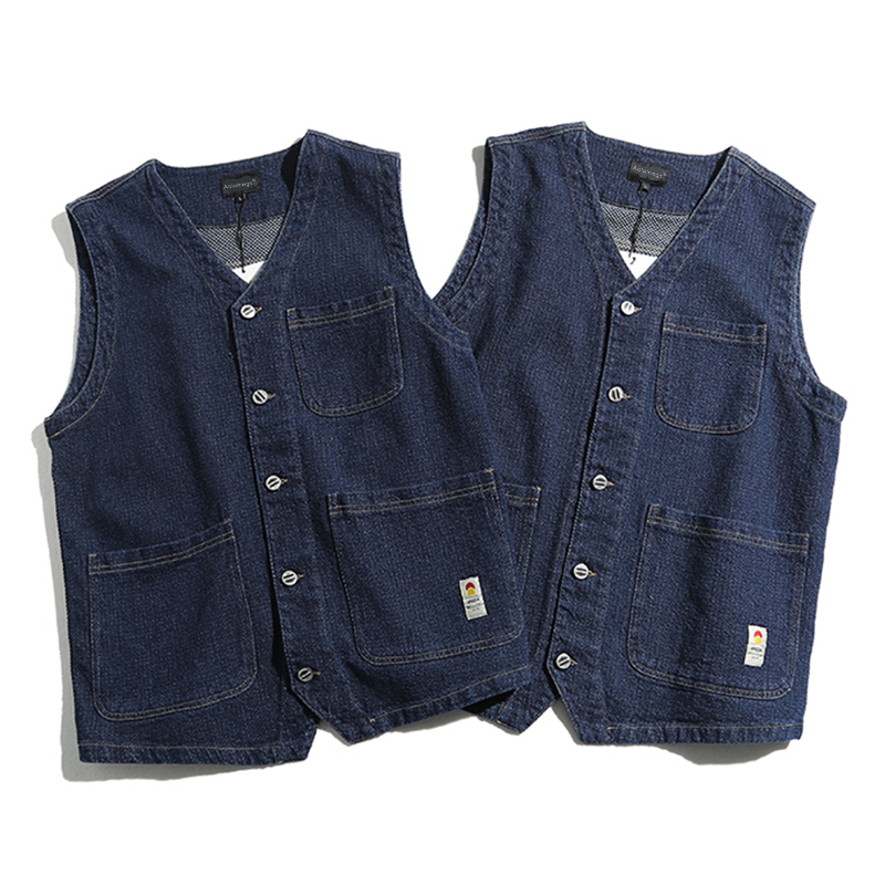 Aolamegs Retro Vest Men Denim Wavy Japanese Cargo Coats Simple Harajuku Tank Tops Streetwear MultiPocket Sleeveless Waistcoat 201120
