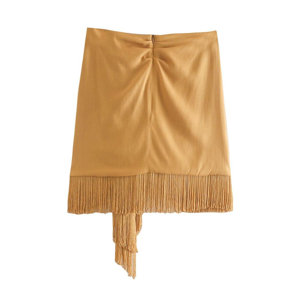 Women Skirt Fringed Highwaisted Mini Skirt Gathered detail Tassel Hem Back zip closure Casual Chic female skirts 210306