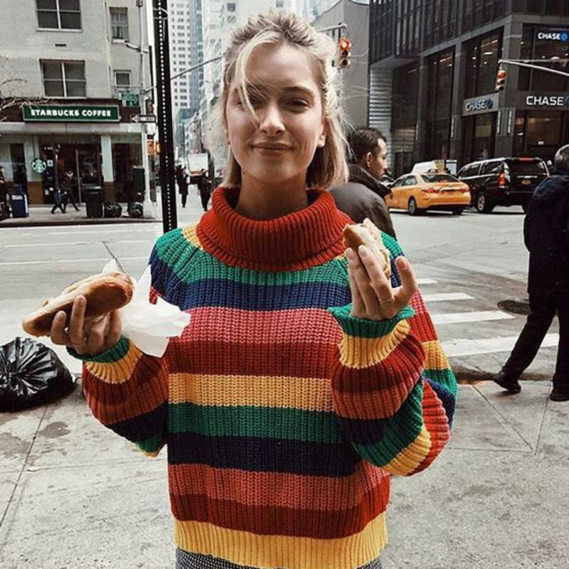 Women Rainbow Sweaters Turtleneck Jumpers Knitted Clothes Fashion Striped Oversize Sweater Pullover Female Streetwear 210914