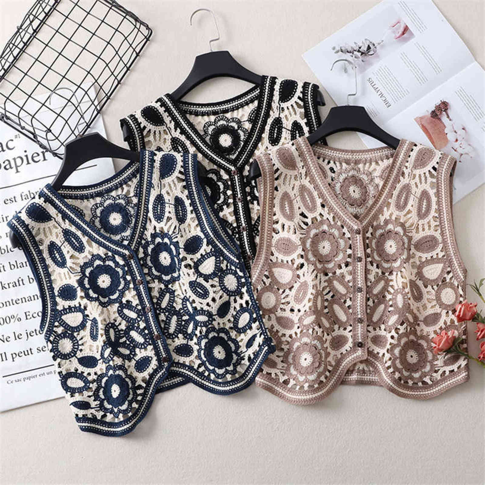 Floral Crochet Knitted Vest Women Summer Autumn Womens Retro Sleeveless Jacket Cardigan Boho Bohemian Embroidery Waistcoat 211120