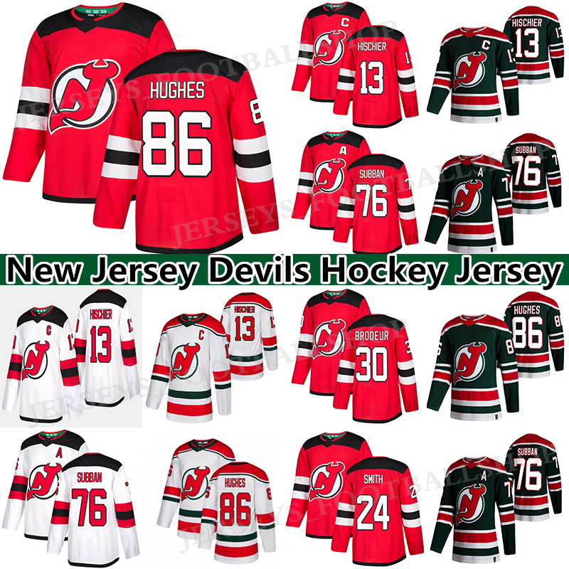 

New Jersey Devils Jersey 86 Jack Hughes 76 P. K. Subban 35 Corey Schneider 30 Martin Brodeur 13 Nico Hischier hockey jerseys, Red