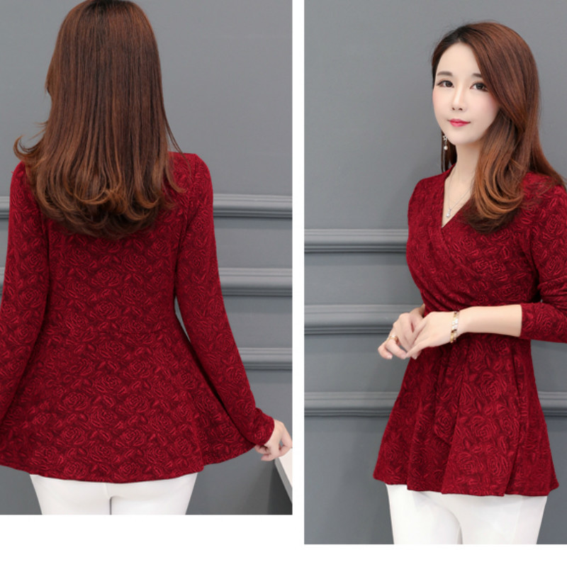 Casual Winter New Plushed and Thickened Bottom Women top Blouse Full Sleeve lace Blouse Large V-neck Purple tops Blouses Shirt 210225