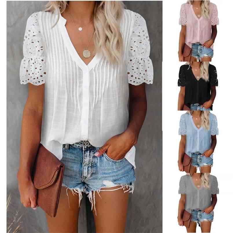 Women V-Neck Top Summer Casual Solid Color Pleated Lace Stitching Short Sleeved Tshirt Elegant Office Loose Hollow Out Clothes 210708, Black
Women V-Neck Top Summer Casual Solid Color Pleated Lace Stitching Short Sleeved Tshirt Elegant Office Loose Hollow Out Clothes 210708, Black