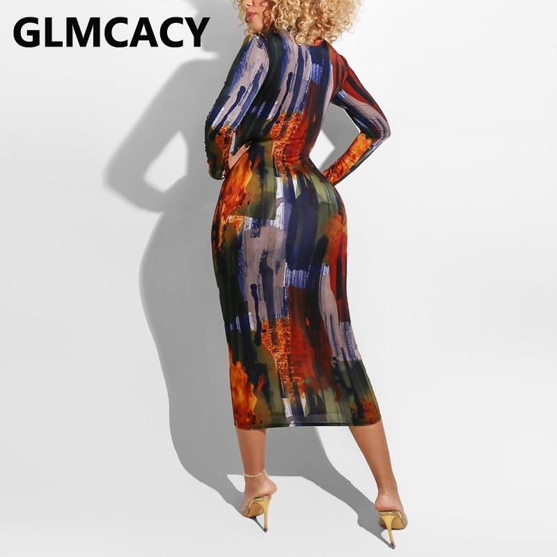 Women Long Sleeve Zipper V Neck Dress Abstract Elegant Pencil Dresses 210702