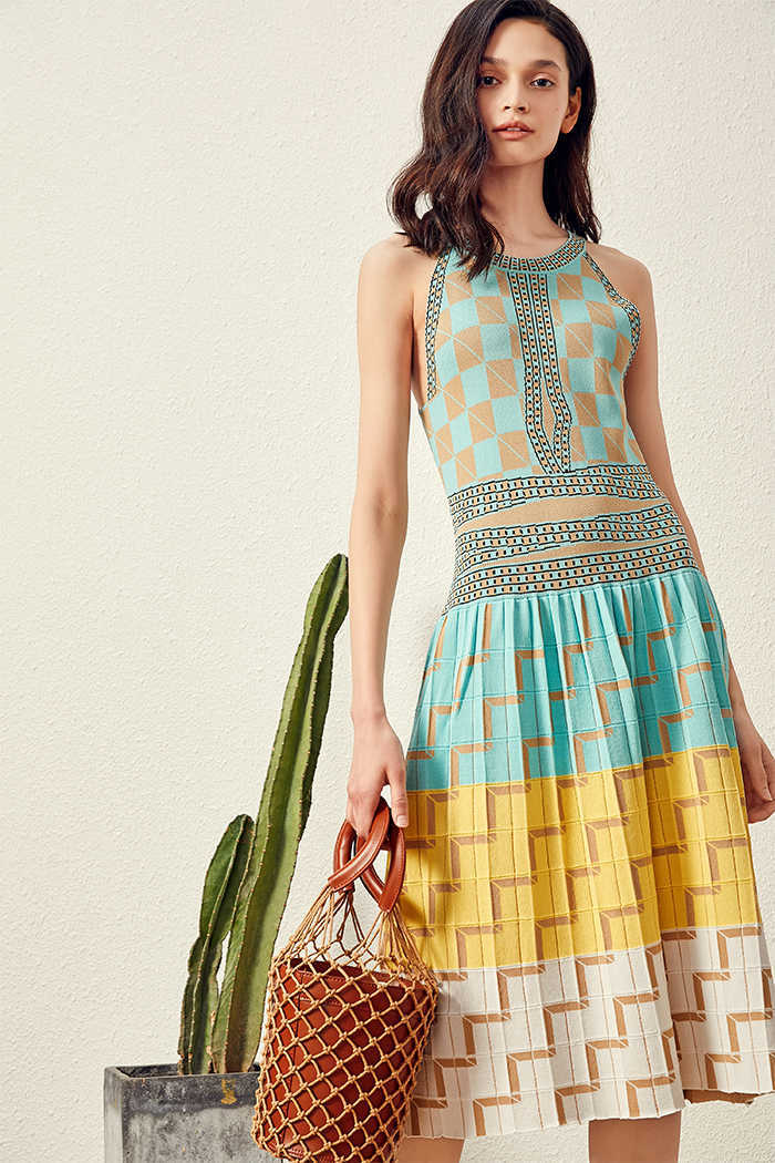Summer Women Knitting Dress Sexy Halter Neck Sleeveless Bohemian Plaid Long Sweater Dress ladies Boho vestidos mujer 210630