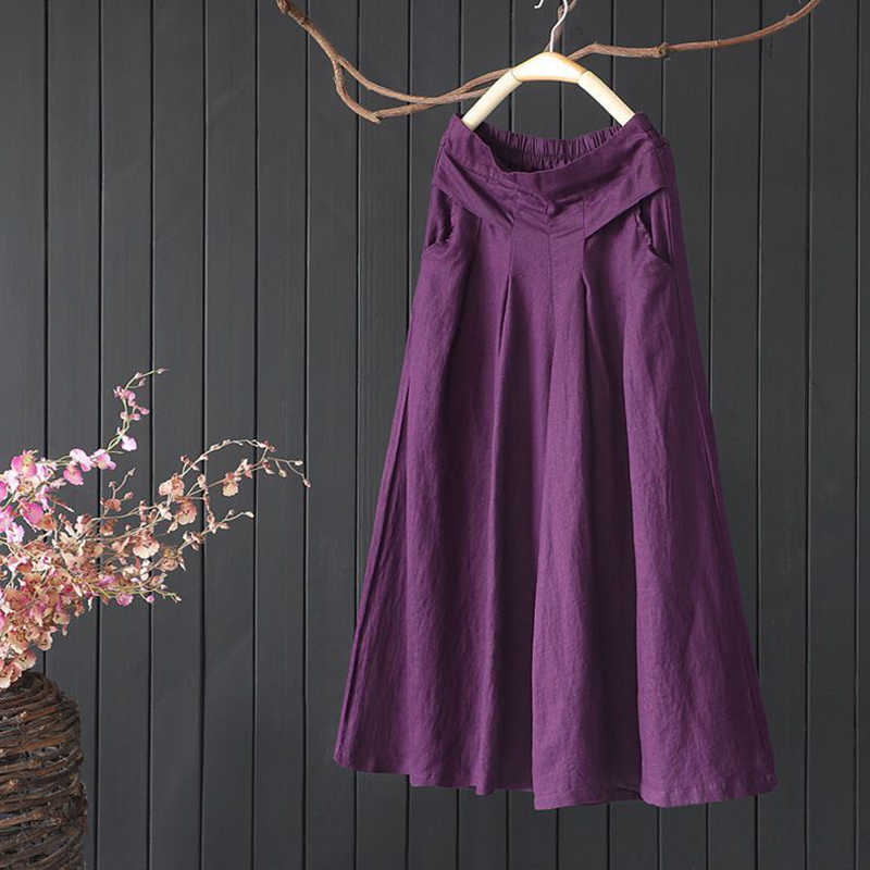 Summer Arts Style Women Elastic Waist Solid Wide Leg Pants All-matched Casual Cotton Linen Loose Plus Size S980 211115