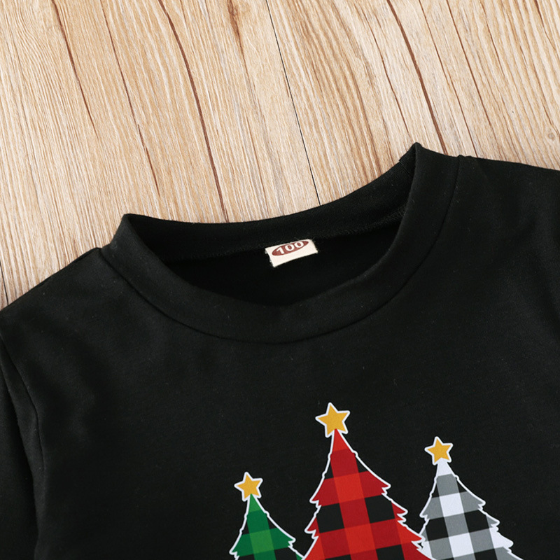 Christmas Baby Clothes Sets Spring Autumn Girls Outfits Xmas Tree Black Round Neck Print Long Sleeve Hoodie+Red Plaid Skirt Kids Clothing