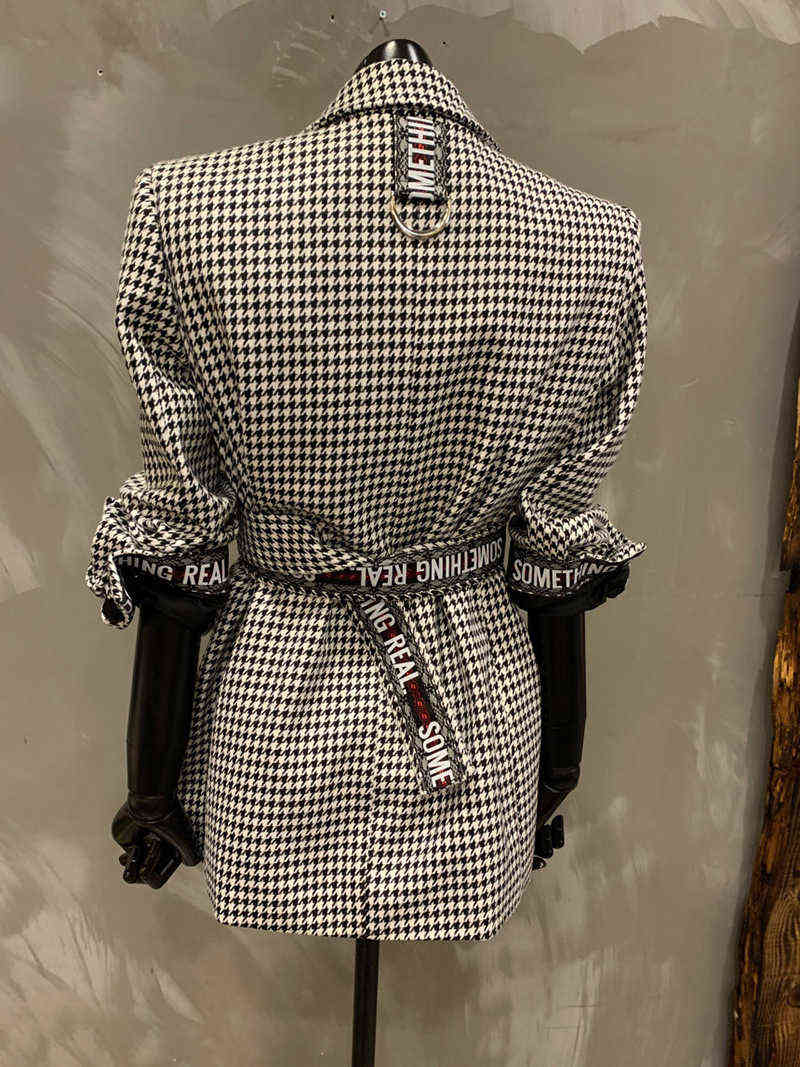 Autumn and Winter Lace-up Houndstooth Woolen Blazer Women's Loose Grid Retro Small Suit Wool Coat Ladies 211122
