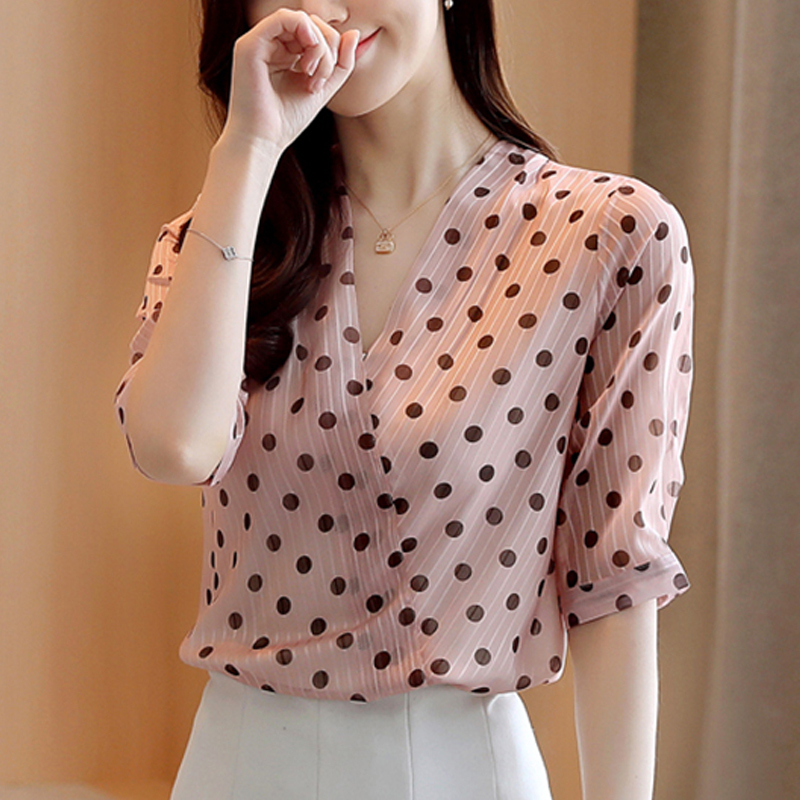 Short Sleeve Pullover Ladies Blouses New Korean Style Summer Women's Shirts Office Lady V Neck Polka Dot Blouse Women 9025 50 210225