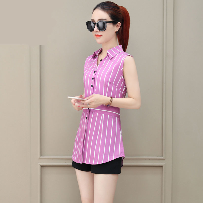 Women Spring Summer Long Style Chiffon Blouses Shirts Lady Casual Sleeveless Striped Turn-down Collar Blusas Tops DF1927 210225
