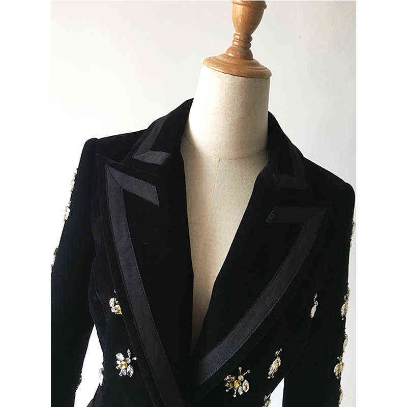 Top Fashion Women's High Street Luxury Black Velvet Blazers Notched Animal Bee Beading Fit Blazer Coat 211122