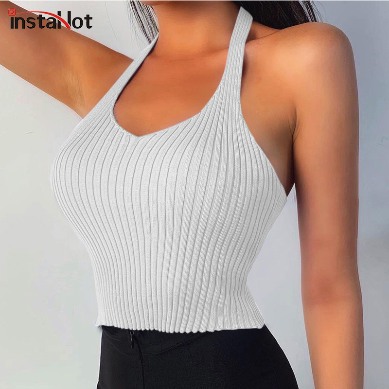 InstaHot Halter Crop Top Women Sleeveless Summer Sexy Slim Knitted Bodycon Solid Casual Elegant Female Camis Streetwear Tank Top 210308