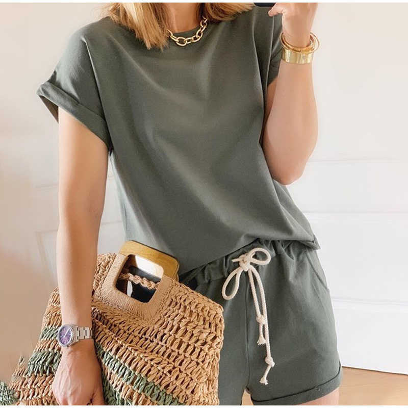Solid Summer Women's Suit Two Pieces Tracksuit Short Sleeve Sports Suits Women Casual Tracksuits Elastic Waist Lady Set 210709