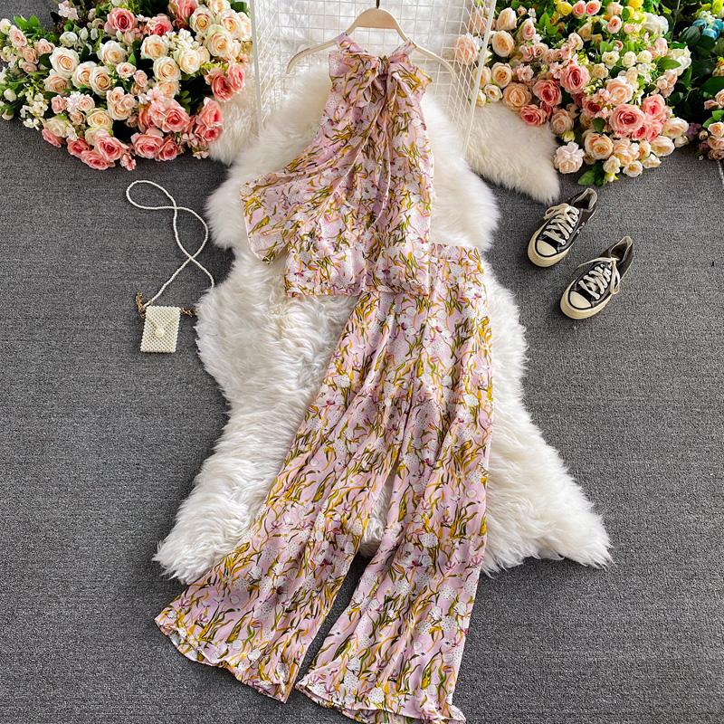 Women's Two Piece Pants Bohemian Summer Women Sets Vacation Beach Elegant Halter Sleeveless Chiffon Tops And High Waist Wide Leg Female
