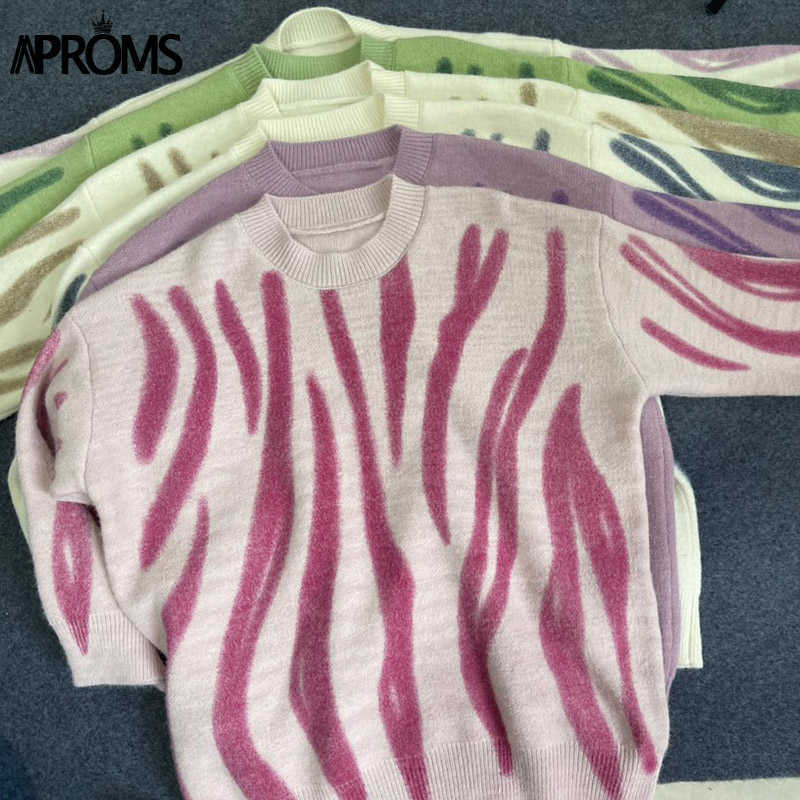 Aproms Korean Fashion Khaki Stripes Print Loose Sweater Winter Hip-Pop Oversized Long Pullovers Streetwear Outerwear 210908