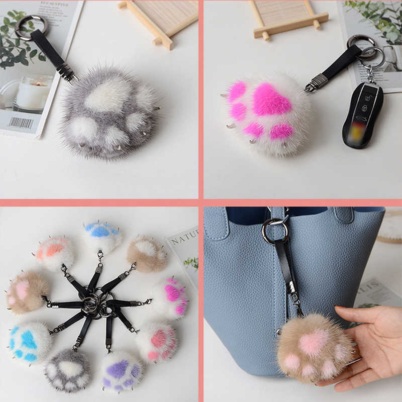 Women Creative Real Mink Fur Cat Paw Keychain Cute Bag Charm Ornaments Soft Pompom Plush Cute Bear Claw Key Ring Car Key Pendant H