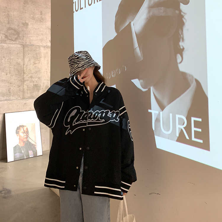 Embroidered Single-Breasted Baseball Uniform Jacket For Women: Haruku Style