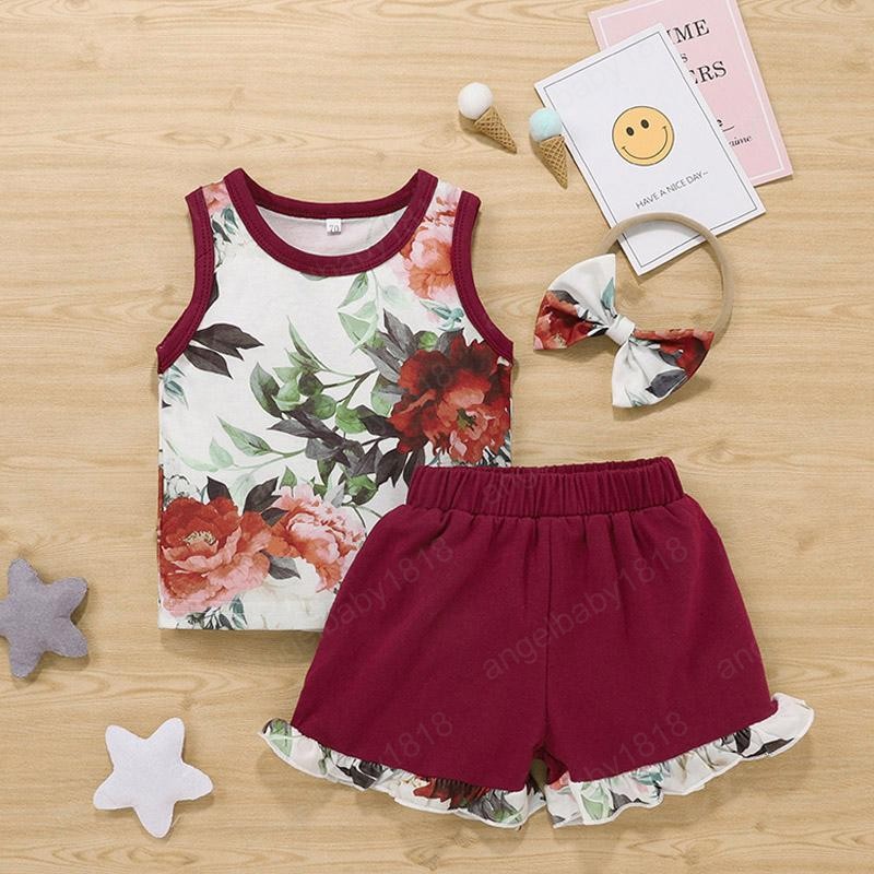 Baby Girls Shorts Suits Infant Floral Vest Toddler Flower Printed Tops Elastic Splice Lace Shorts Kids Casual Outfits With Headband